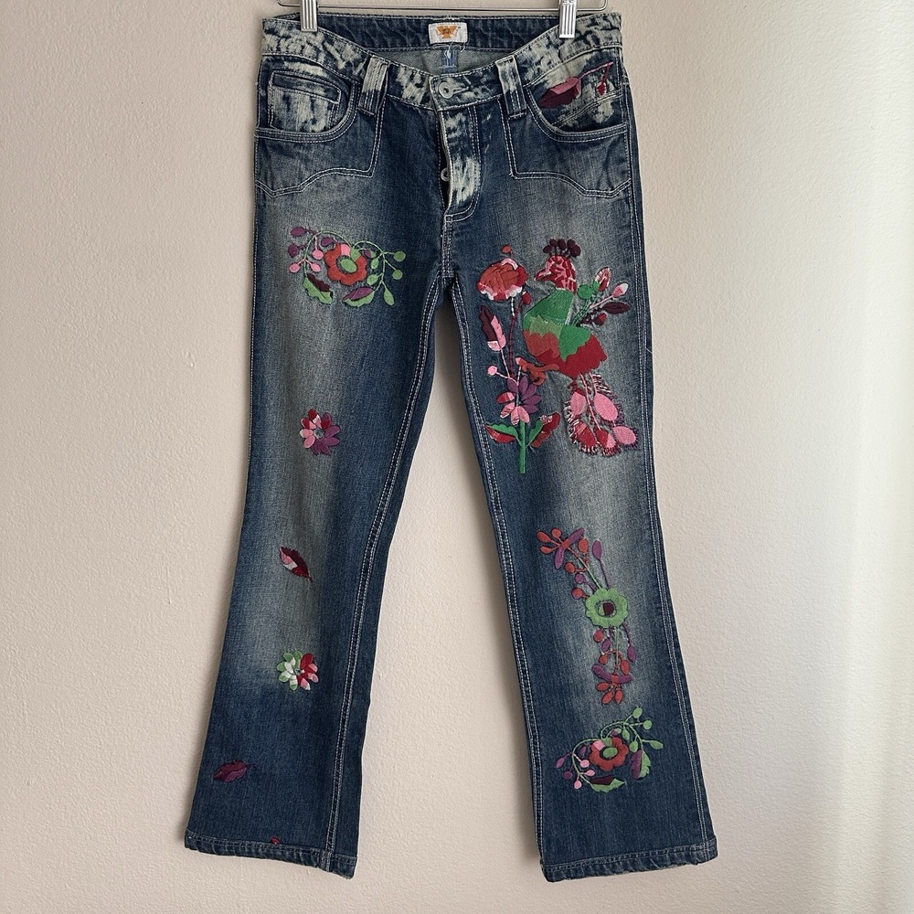 Antik‎ Denim Flare Jeans Womens 27 Blue Floral Bird Embroidered Low Rise Y2K USA